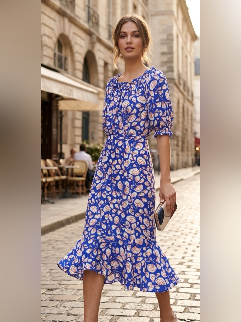 Saloni 100% Silk Blue White Shell Floral Midi Dress Square Neck US 2 UK 6
